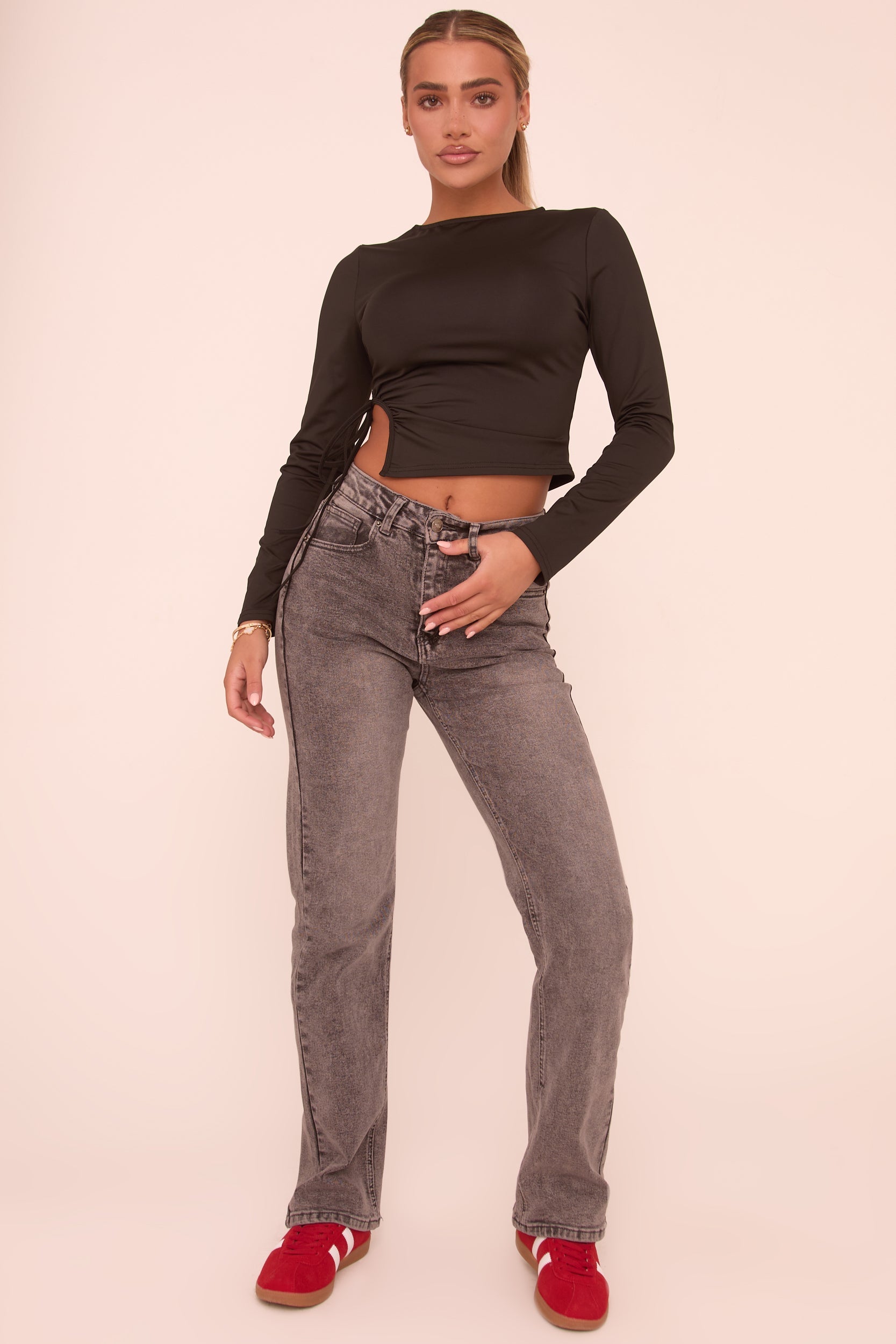 Grey Stretch Mid Waist Straight Leg Denim Jeans