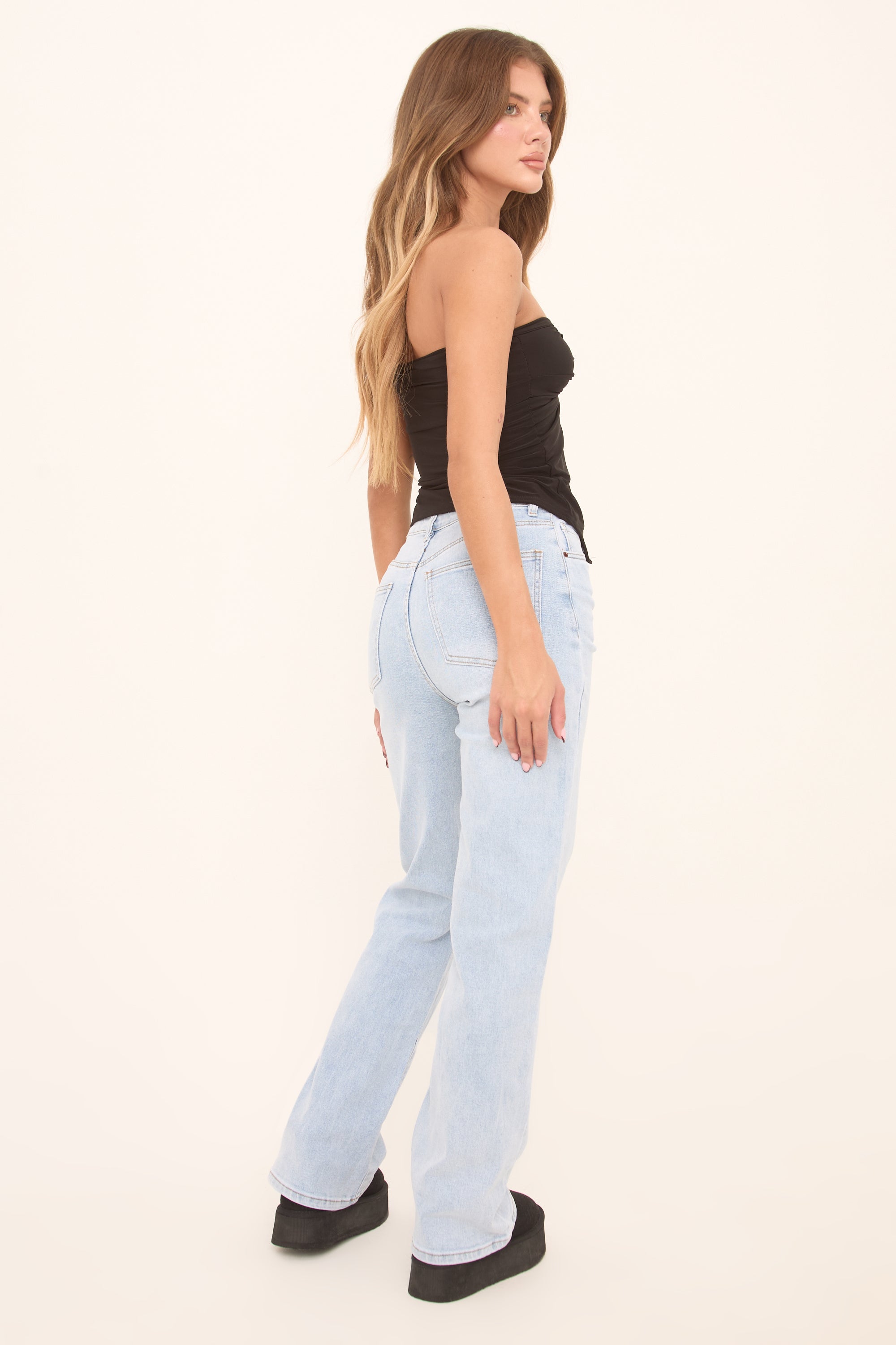 Mid Blue Stretch Straight Leg Jeans