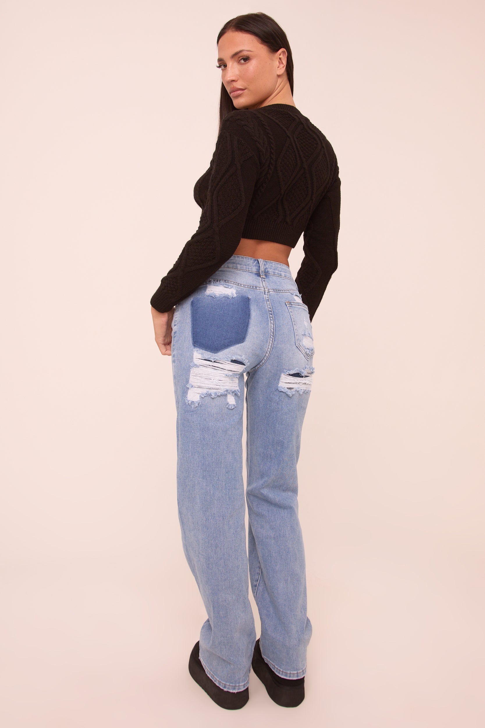 Light Blue Stretch Distressed Mid Waist Straight Leg Jeans